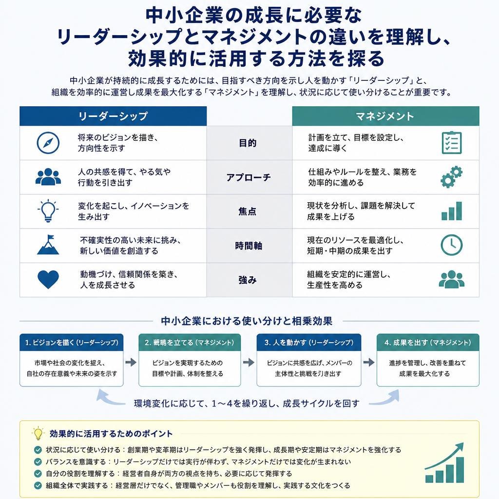 中小企業の成長に必要なリーダーシップとマネジメントの違いを理解し、効果的に活用する方法を探る